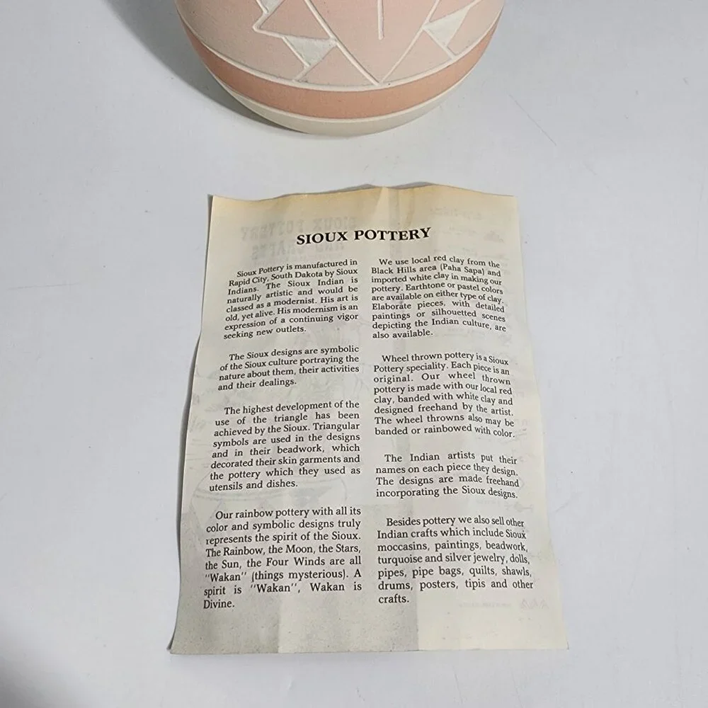 Sioux Pottery Handmade Ceramic Vase With Traditional Native American Design